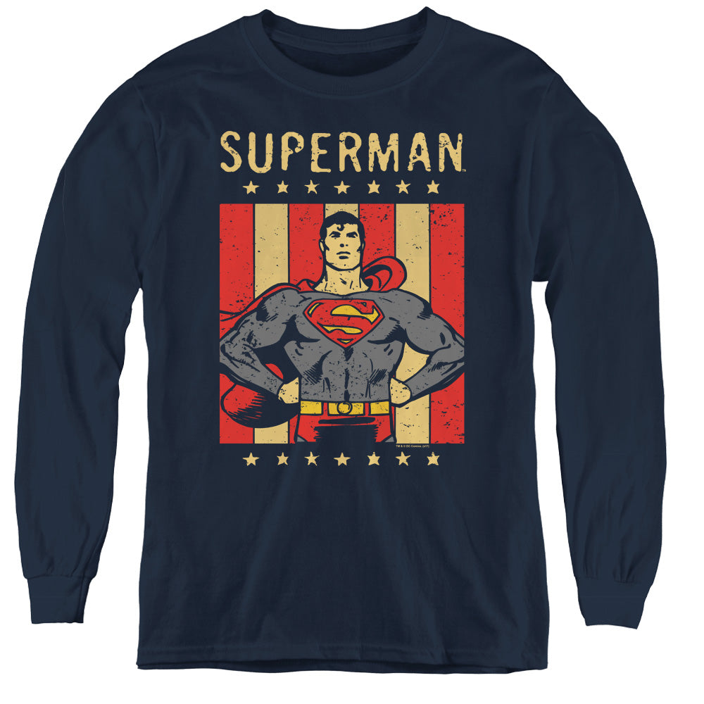 AN OFFCIALLY LICENSED DC RETRO LIBERTY YOUTH LONG SLEEVE T-SHIRT NAVY