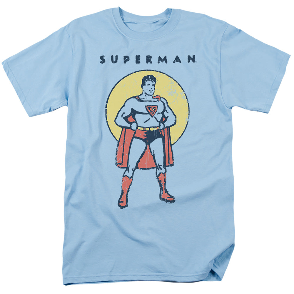 AN OFFCIALLY LICENSED DC DISTRESSED VINTAGE SIMPLE MEN'S REGULAR FIT T-SHIRT LIGHT BLUE