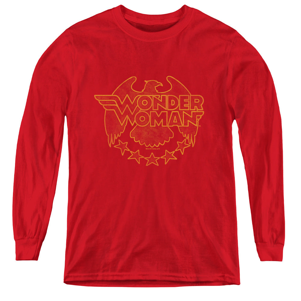 AN OFFCIALLY LICENSED DC WONDER EAGLE YOUTH LONG SLEEVE T-SHIRT RED