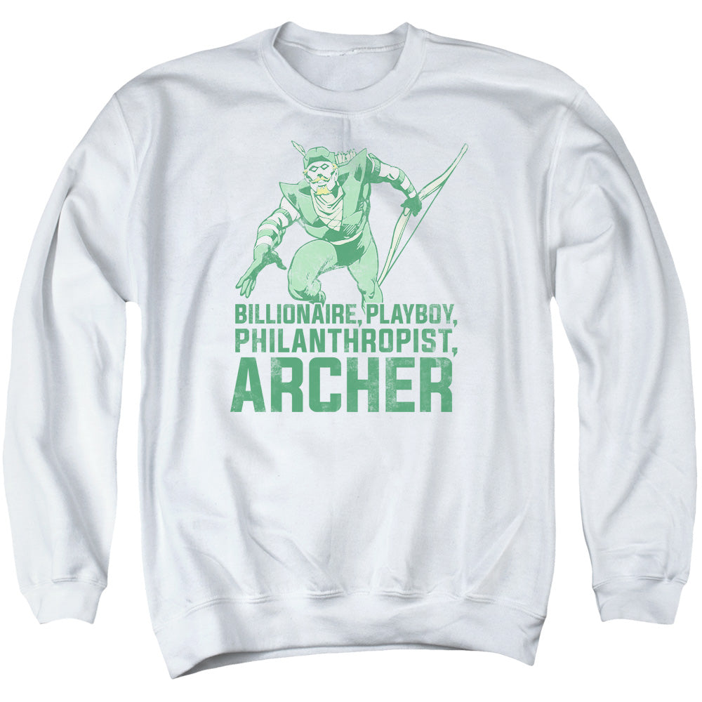 AN OFFCIALLY LICENSED DC ARCHER ADULT UNISEX CREWNECK SWEATSHIRT WHITE