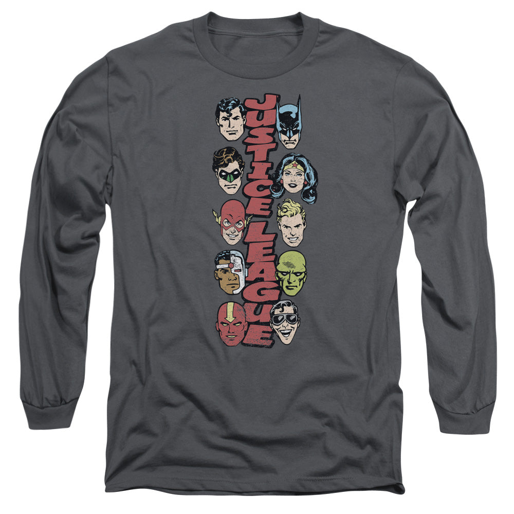 AN OFFCIALLY LICENSED DC STACKED JUSTICE MEN'S LONG SLEEVE T-SHIRT CHARCOAL