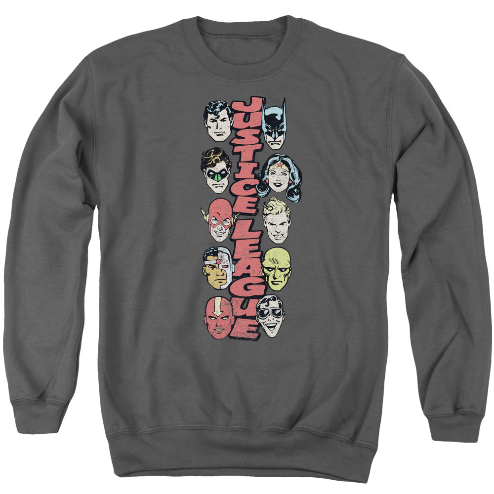 AN OFFCIALLY LICENSED DC STACKED JUSTICE ADULT UNISEX CREWNECK SWEATSHIRT CHARCOAL