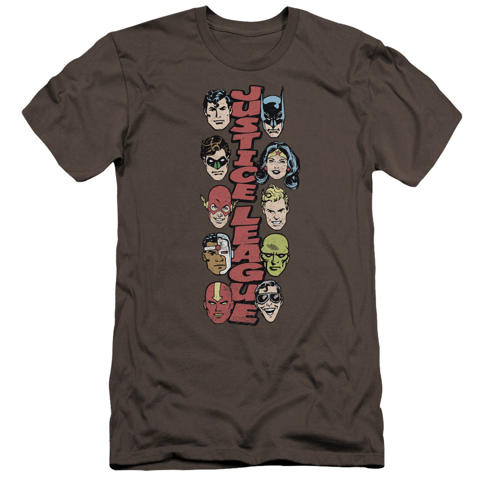 AN OFFCIALLY LICENSED DC STACKED JUSTICE MEN'S PREMIUM SLIM FIT T-SHIRT CHARCOAL