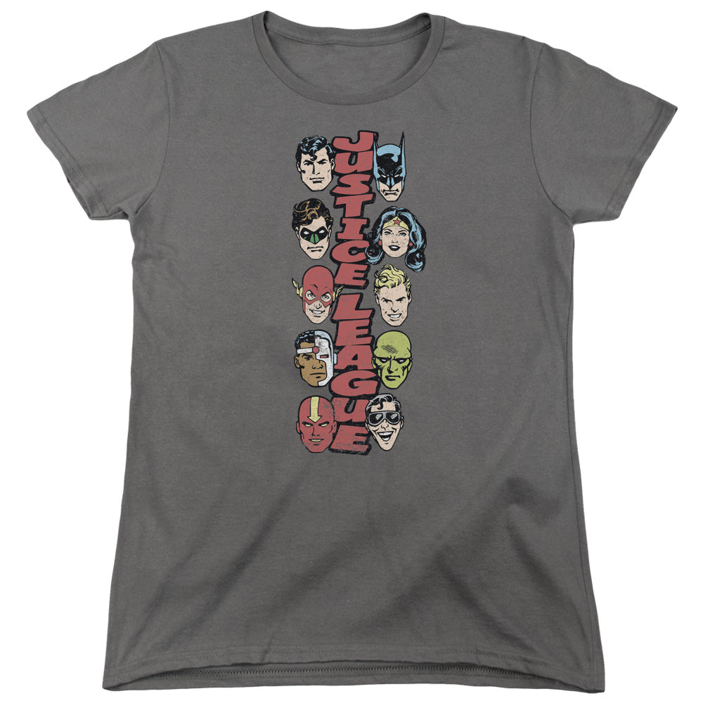 AN OFFCIALLY LICENSED DC STACKED JUSTICE WOMEN'S REGULAR FIT T-SHIRT CHARCOAL