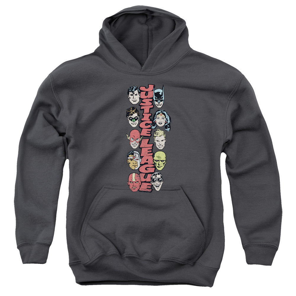 AN OFFCIALLY LICENSED DC STACKED JUSTICE YOUTH HOODIE CHARCOAL