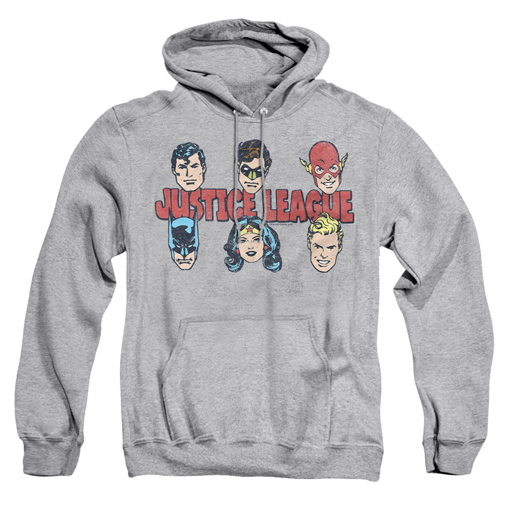 AN OFFCIALLY LICENSED DC JUSTICE LINEUP ADULT UNISEX PULLOVER HOODIE ATHLETIC HEATHER