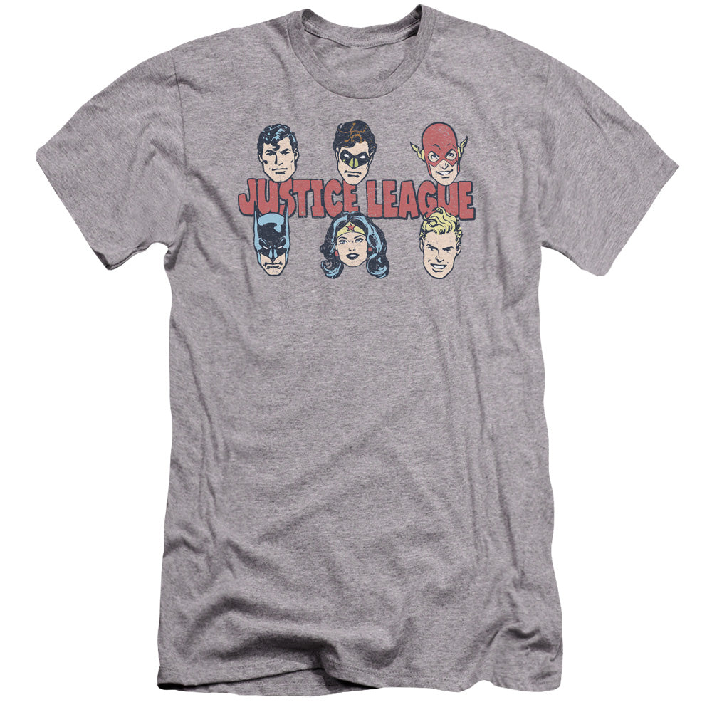 AN OFFCIALLY LICENSED DC JUSTICE LINEUP MEN'S PREMIUM SLIM FIT T-SHIRT ATHLETIC HEATHER