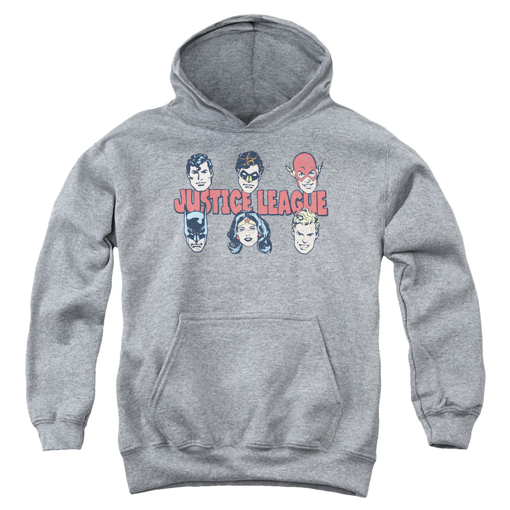 AN OFFCIALLY LICENSED DC JUSTICE LINEUP YOUTH HOODIE ATHLETIC HEATHER