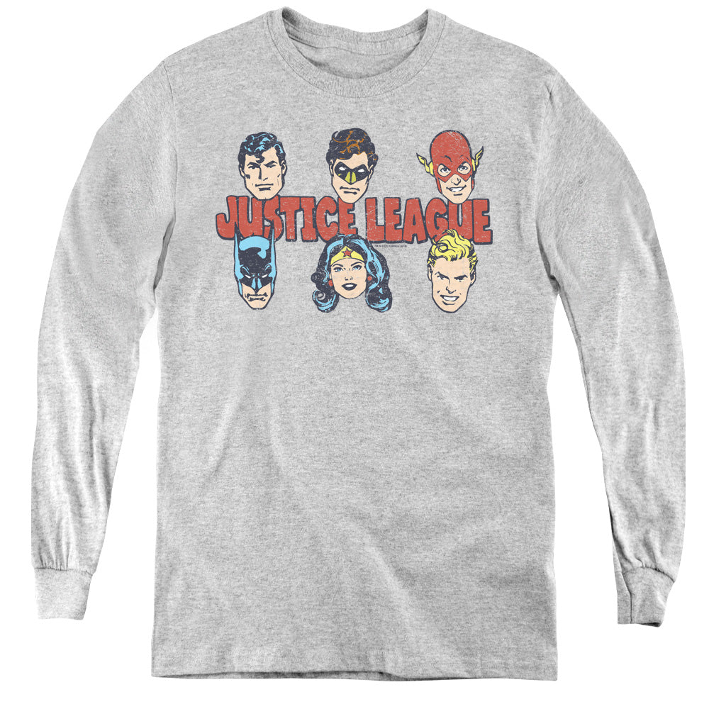 AN OFFCIALLY LICENSED DC JUSTICE LINEUP YOUTH LONG SLEEVE T-SHIRT ATHLETIC HEATHER