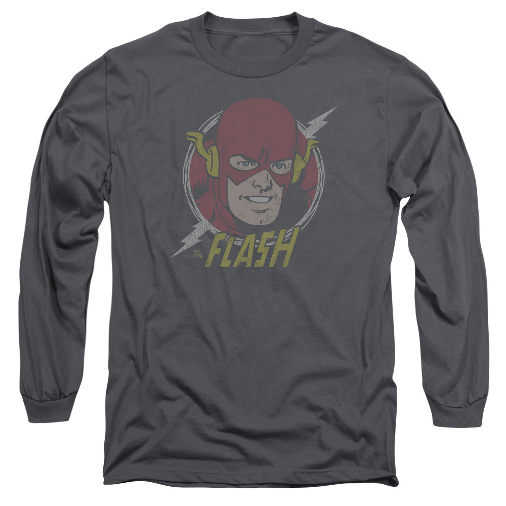 AN OFFCIALLY LICENSED DC FLASH VINTAGE VOLTAGE MEN'S LONG SLEEVE T-SHIRT CHARCOAL