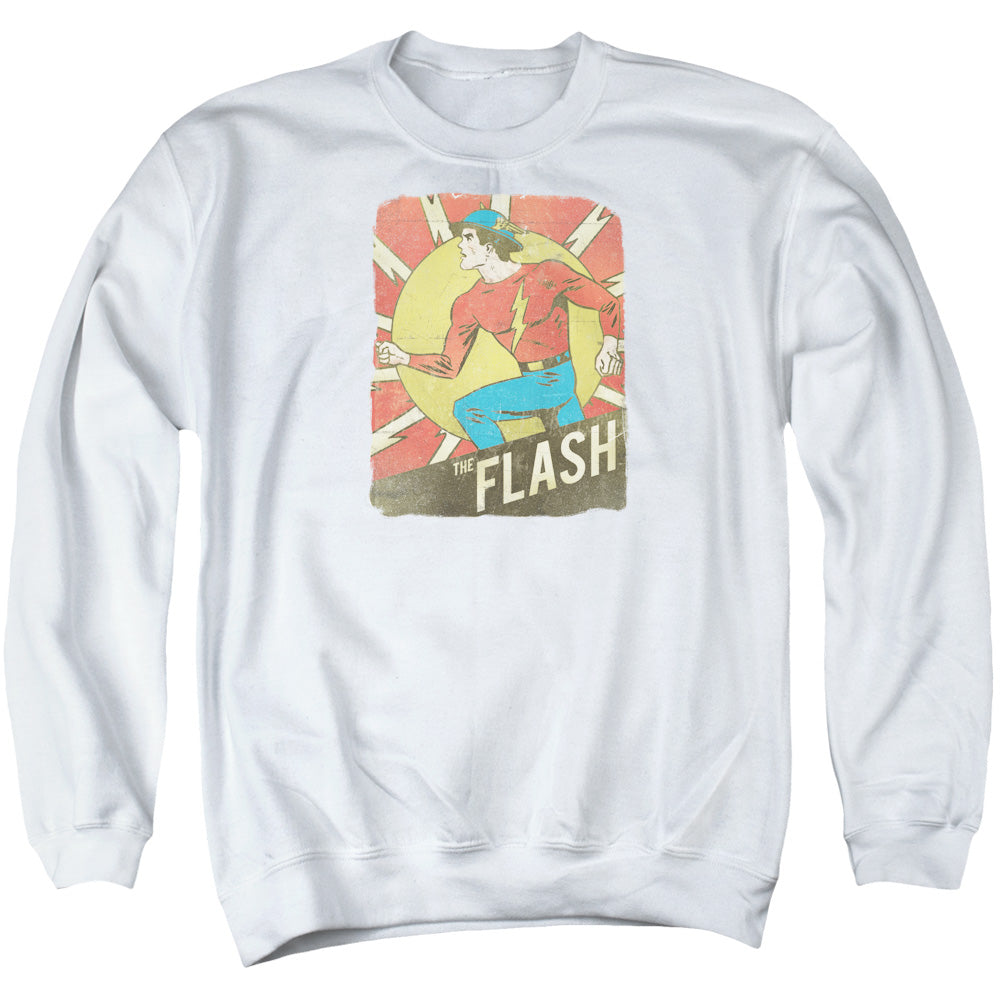 AN OFFCIALLY LICENSED DC FLASH TATTERED POSTER ADULT UNISEX CREWNECK SWEATSHIRT WHITE