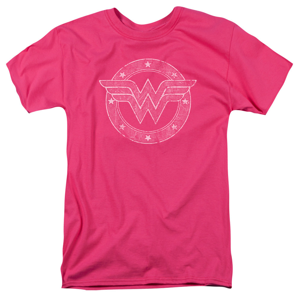 AN OFFCIALLY LICENSED DC TATTERED EMBLEM MEN'S REGULAR FIT T-SHIRT HOT PINK