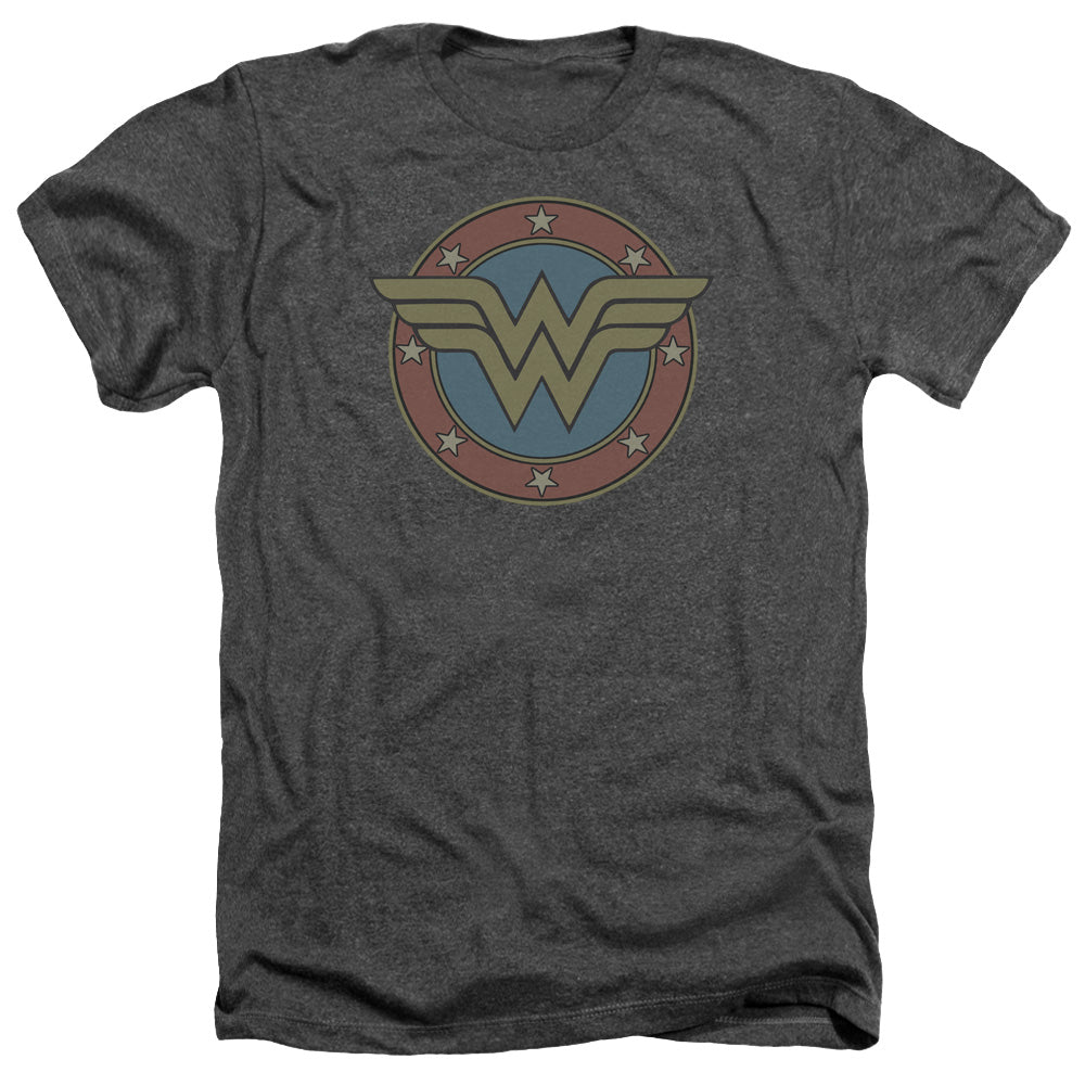 AN OFFCIALLY LICENSED DC WW VINTAGE EMBLEM MEN'S HEATHER T-SHIRT CHARCOAL