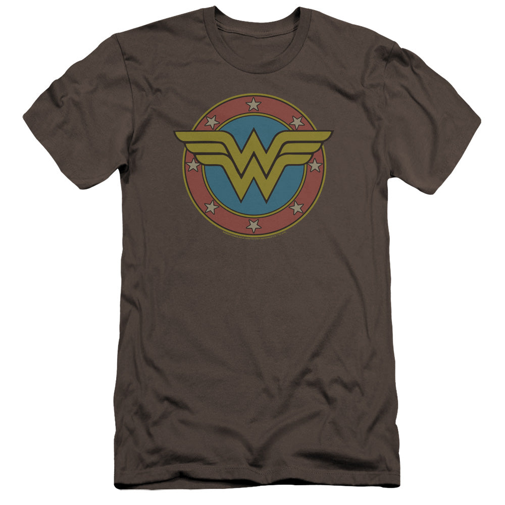 AN OFFCIALLY LICENSED DC WW VINTAGE EMBLEM MEN'S PREMIUM SLIM FIT T-SHIRT CHARCOAL