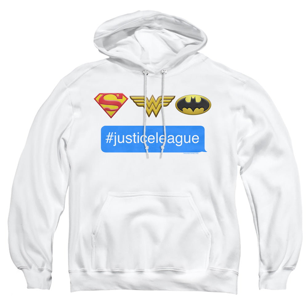 AN OFFCIALLY LICENSED DC HASHTAG JLA ADULT UNISEX PULLOVER HOODIE WHITE