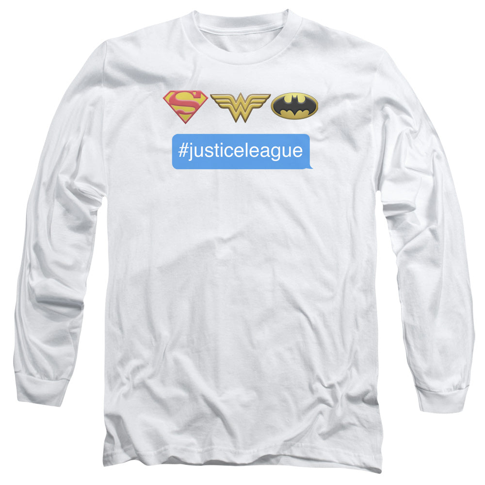 AN OFFCIALLY LICENSED DC HASHTAG JLA MEN'S LONG SLEEVE T-SHIRT WHITE