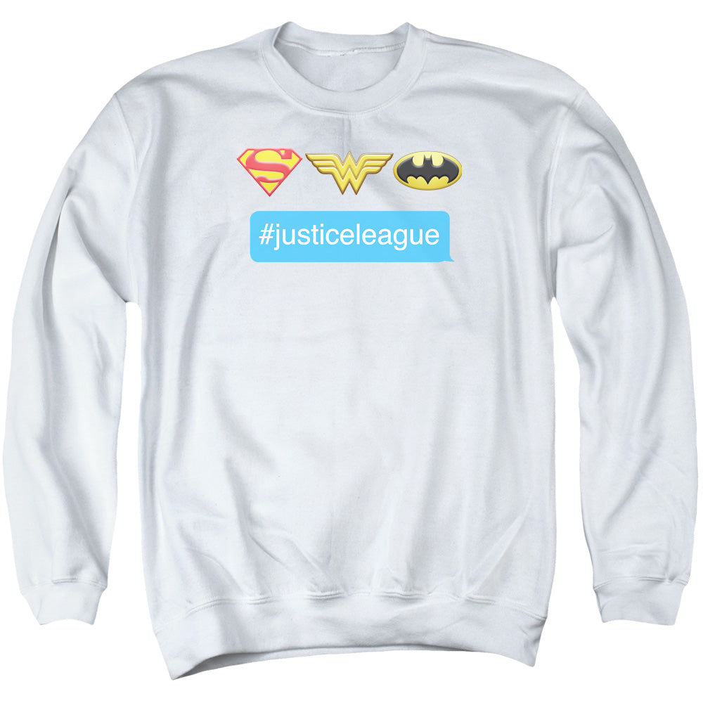 AN OFFCIALLY LICENSED DC HASHTAG JLA ADULT UNISEX CREWNECK SWEATSHIRT WHITE