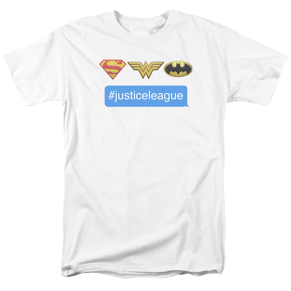 AN OFFCIALLY LICENSED DC HASHTAG JLA MEN'S REGULAR FIT T-SHIRT WHITE