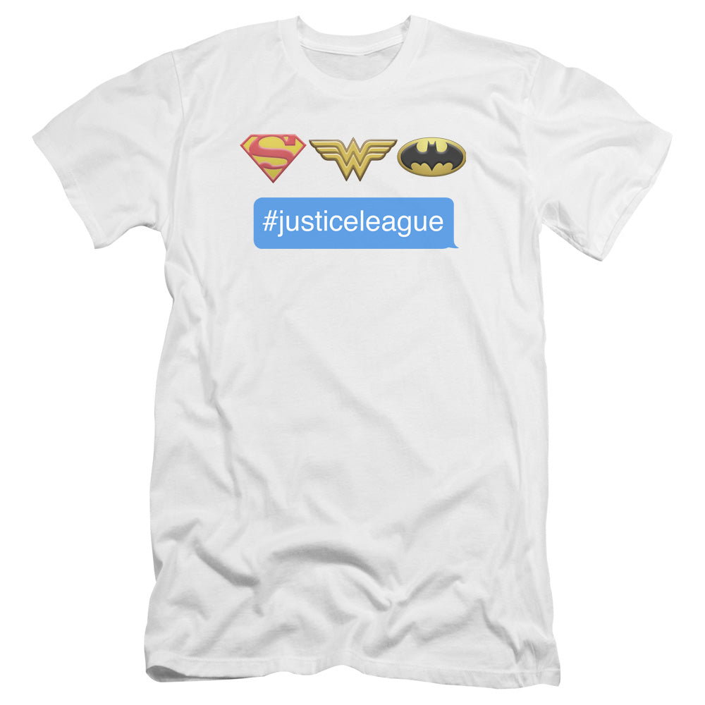 AN OFFCIALLY LICENSED DC HASHTAG JLA MEN'S PREMIUM SLIM FIT T-SHIRT WHITE