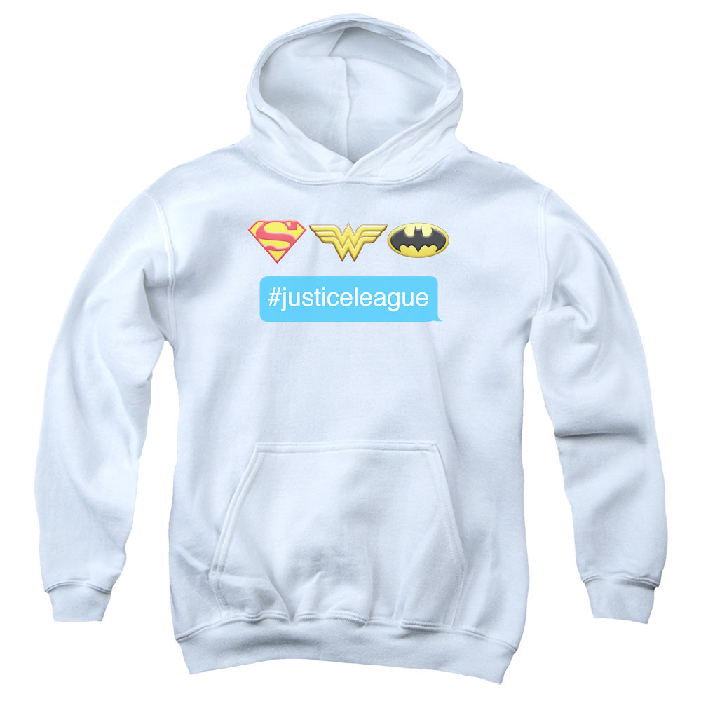 AN OFFCIALLY LICENSED DC HASHTAG JLA YOUTH HOODIE WHITE