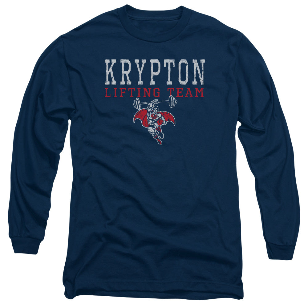 AN OFFCIALLY LICENSED DCO KRPTON LIFTING MEN'S LONG SLEEVE T-SHIRT NAVY