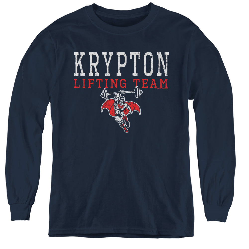 AN OFFCIALLY LICENSED DCO KRPTON LIFTING YOUTH LONG SLEEVE T-SHIRT NAVY