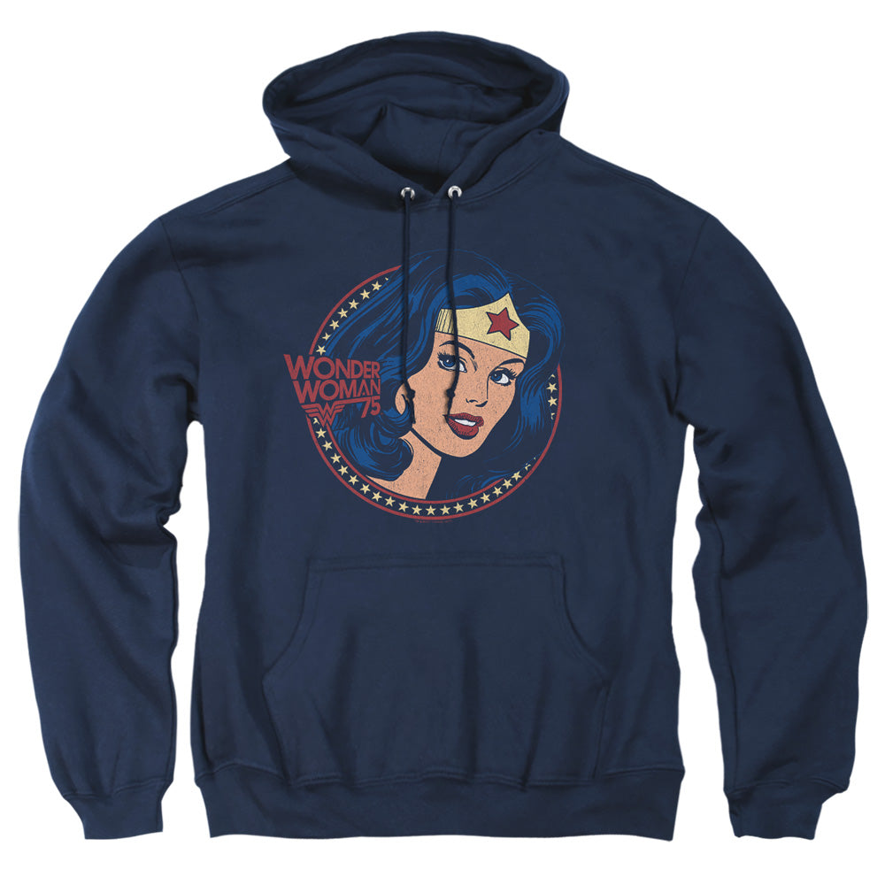 AN OFFCIALLY LICENSED DC WW75 STARBURST PORTRAIT ADULT UNISEX PULLOVER HOODIE NAVY