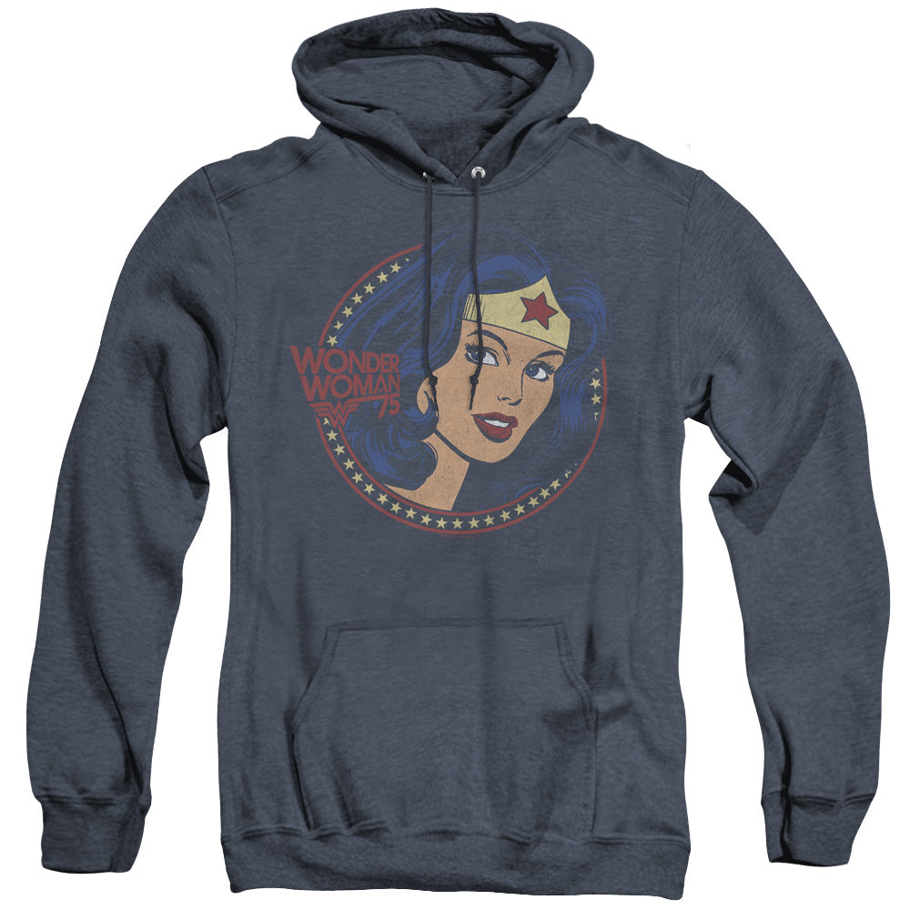 AN OFFCIALLY LICENSED DC WW75 STARBURST PORTRAIT ADULT UNISEX HEATHER PULLOVER HOODIE NAVY