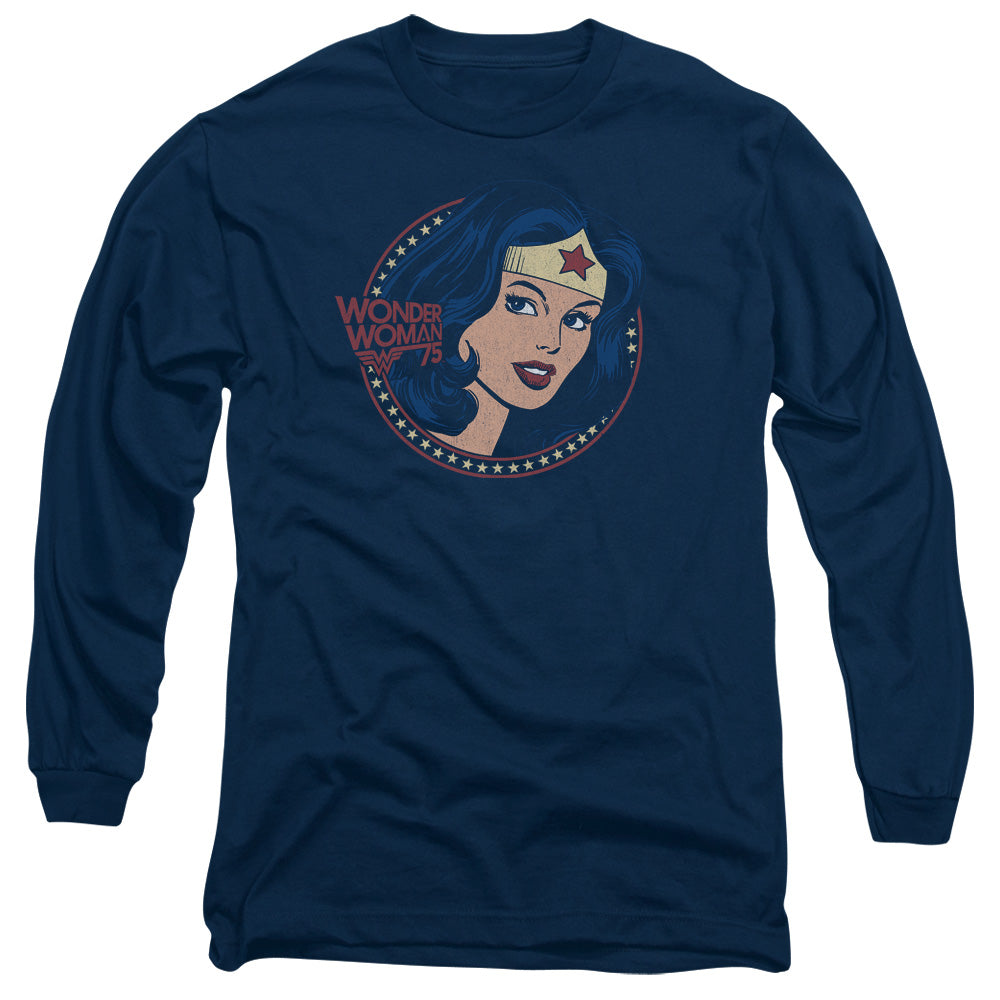 AN OFFCIALLY LICENSED DC WW75 STARBURST PORTRAIT MEN'S LONG SLEEVE T-SHIRT NAVY