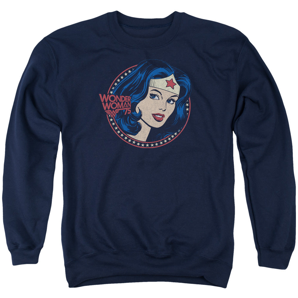 AN OFFCIALLY LICENSED DC WW75 STARBURST PORTRAIT ADULT UNISEX CREWNECK SWEATSHIRT NAVY