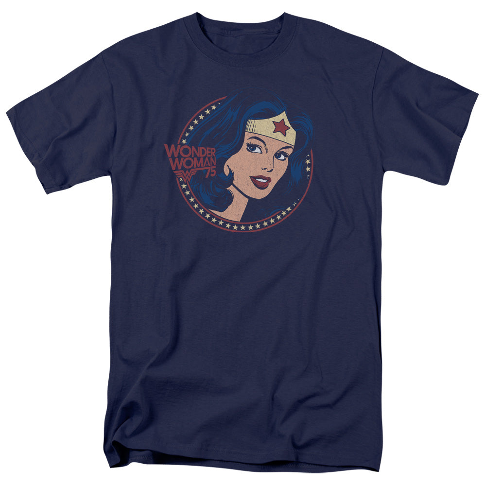 AN OFFCIALLY LICENSED DC WW75 STARBURST PORTRAIT MEN'S REGULAR FIT T-SHIRT NAVY