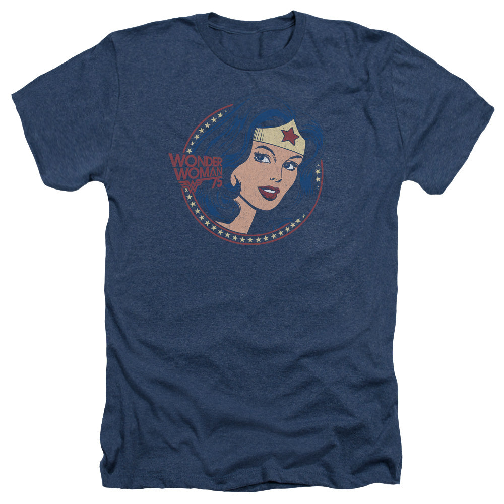 AN OFFCIALLY LICENSED DC WW75 STARBURST PORTRAIT MEN'S HEATHER T-SHIRT NAVY