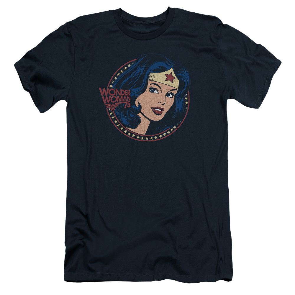 AN OFFCIALLY LICENSED DC WW75 STARBURST PORTRAIT MEN'S PREMIUM SLIM FIT T-SHIRT NAVY