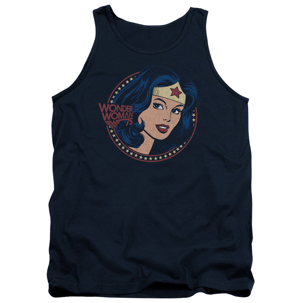 AN OFFCIALLY LICENSED DC WW75 STARBURST PORTRAIT ADULT UNISEX TANK TOP NAVY