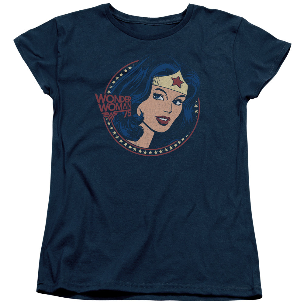 AN OFFCIALLY LICENSED DC WW75 STARBURST PORTRAIT WOMEN'S REGULAR FIT T-SHIRT NAVY