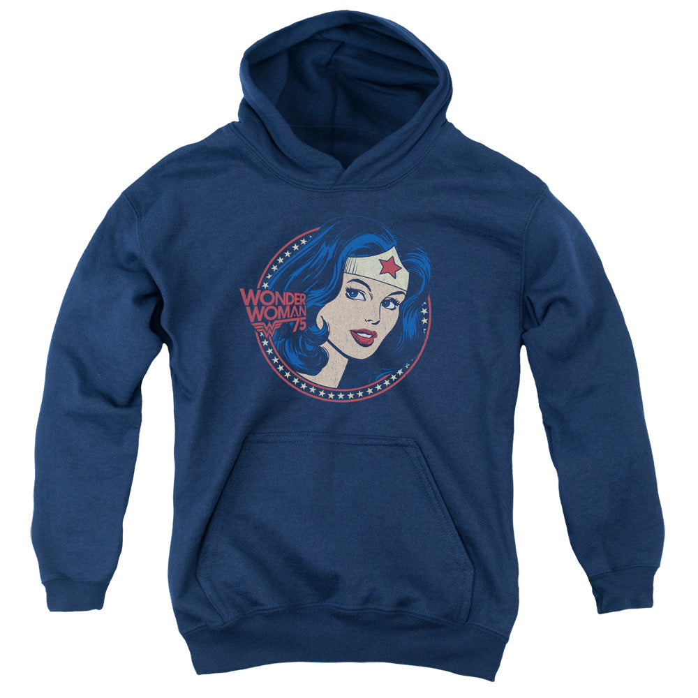 AN OFFCIALLY LICENSED DC WW75 STARBURST PORTRAIT YOUTH HOODIE NAVY