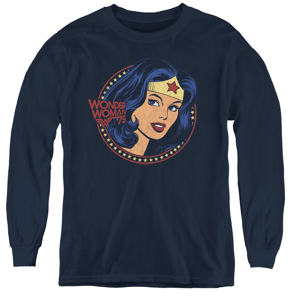 AN OFFCIALLY LICENSED DC WW75 STARBURST PORTRAIT YOUTH LONG SLEEVE T-SHIRT NAVY