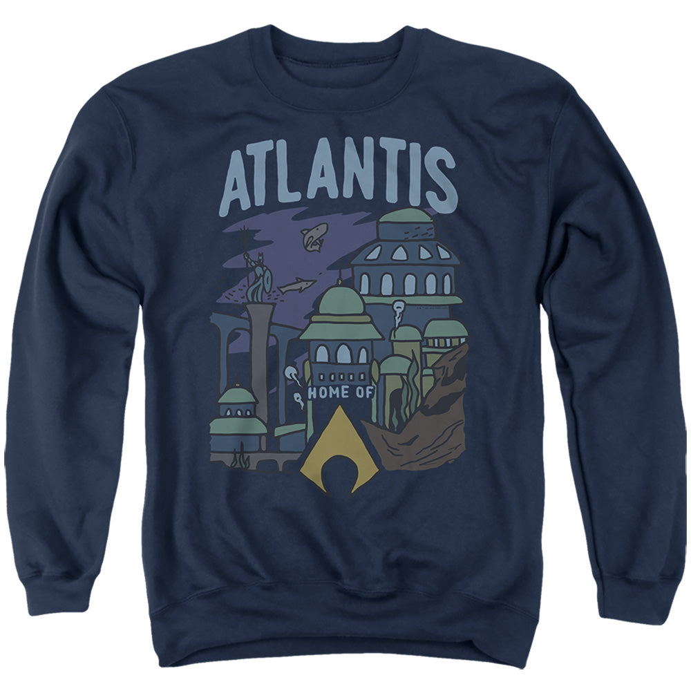 AN OFFCIALLY LICENSED AQUAMAN THE ATLANTIS ADULT UNISEX CREWNECK SWEATSHIRT NAVY