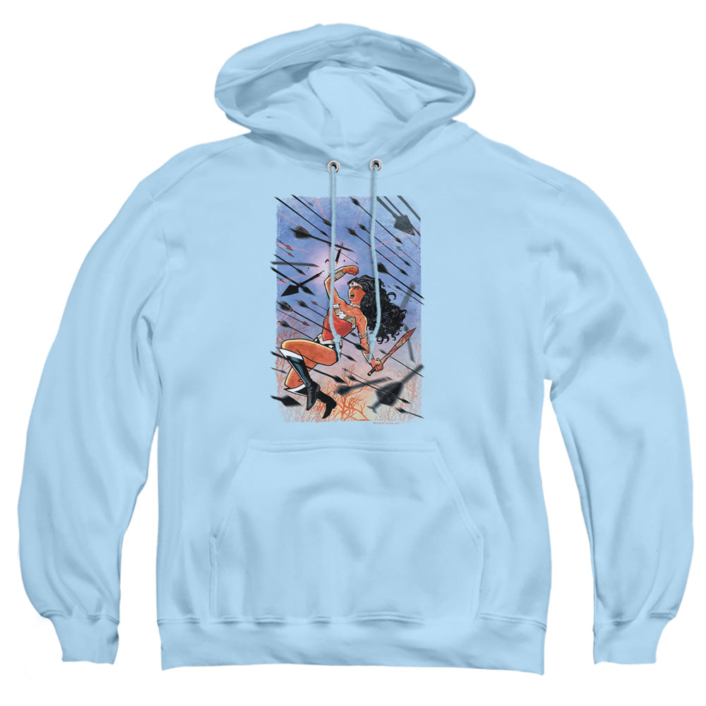 AN OFFCIALLY LICENSED JLA WONDER WOMAN #1 ADULT UNISEX PULLOVER HOODIE LIGHT BLUE