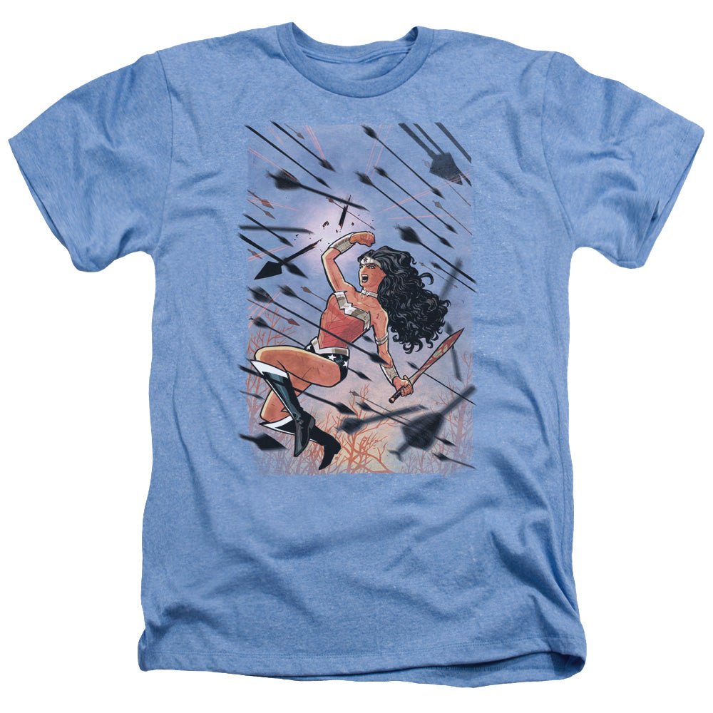 AN OFFCIALLY LICENSED JLA WONDER WOMAN #1 MEN'S HEATHER T-SHIRT LIGHT BLUE