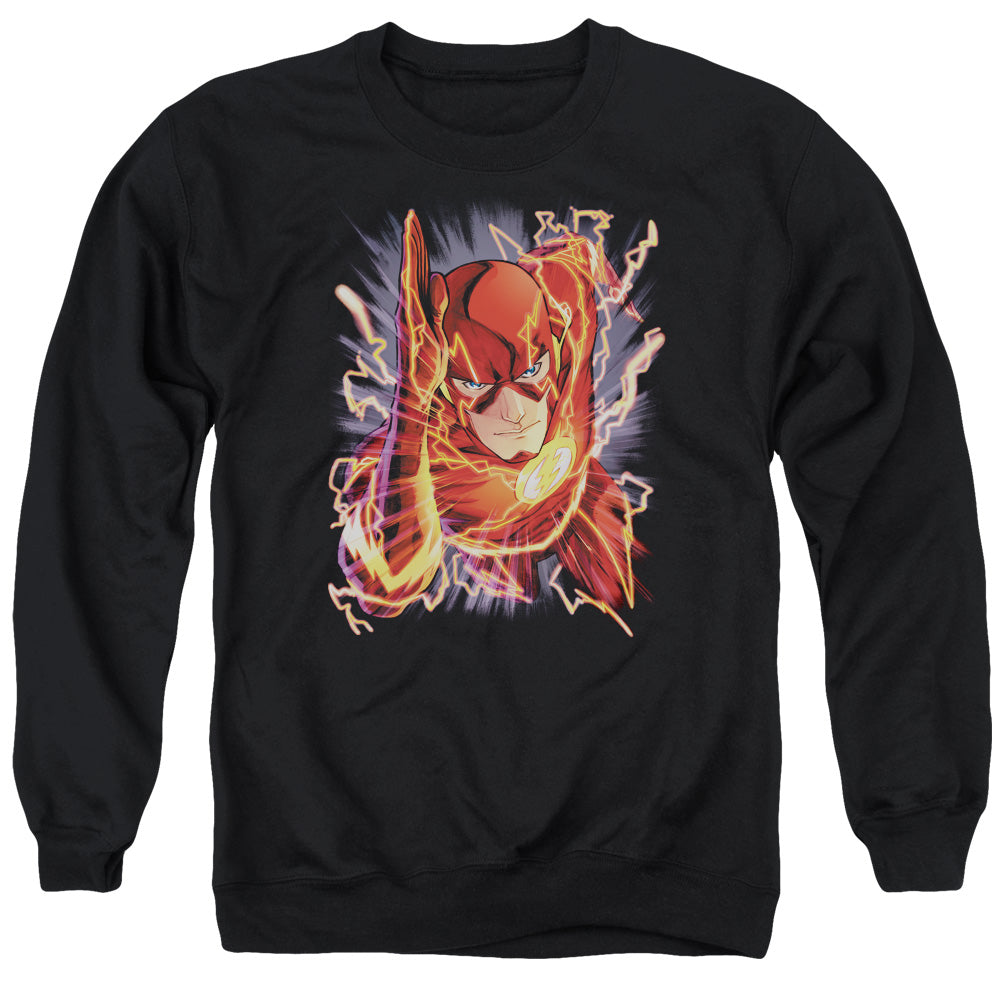 AN OFFCIALLY LICENSED JLA FLASH #1 ADULT UNISEX CREWNECK SWEATSHIRT BLACK