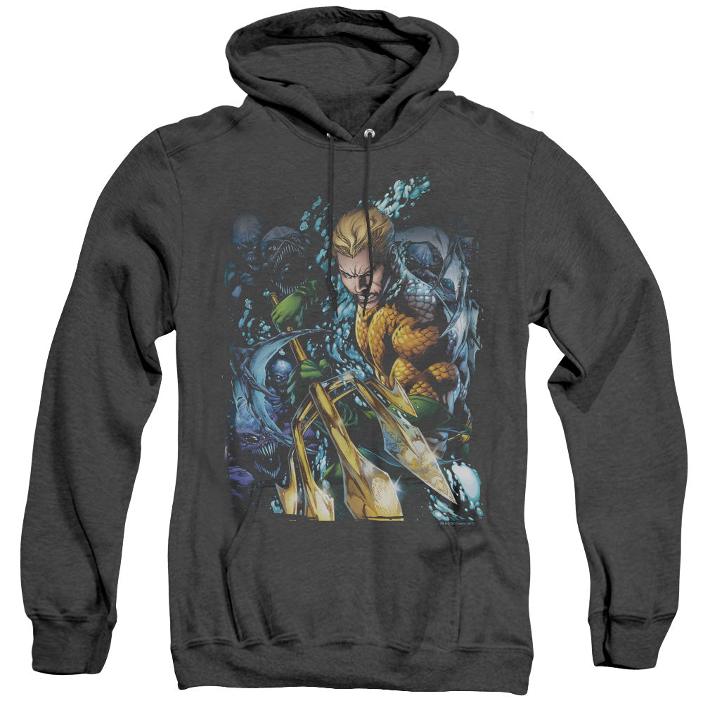 AN OFFCIALLY LICENSED JLA AQUAMAN #1 ADULT UNISEX HEATHER PULLOVER HOODIE BLACK