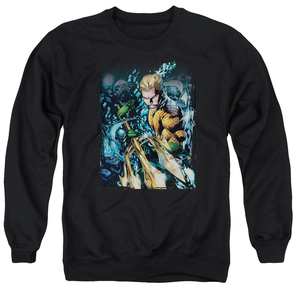 AN OFFCIALLY LICENSED JLA AQUAMAN #1 ADULT UNISEX CREWNECK SWEATSHIRT BLACK
