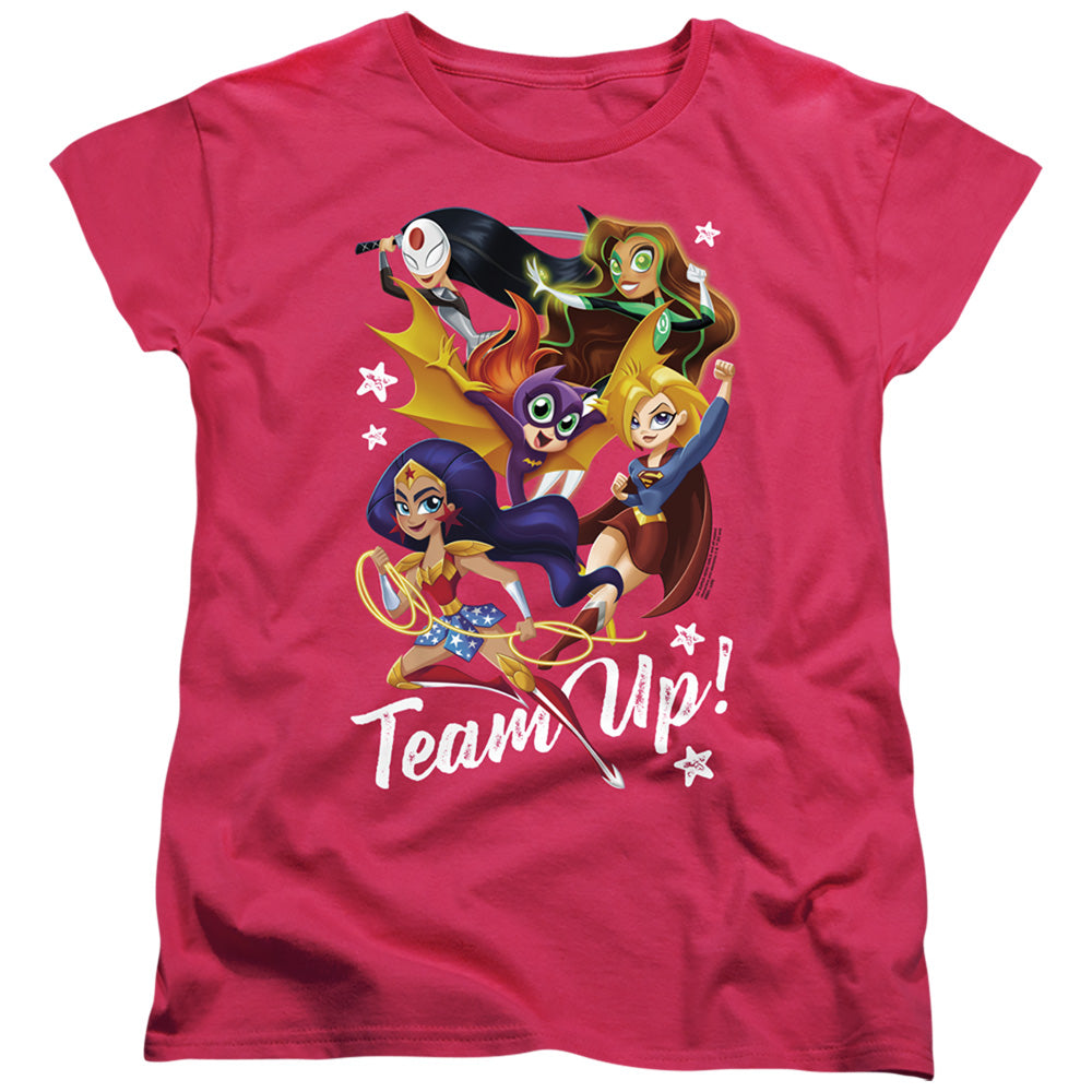 AN OFFCIALLY LICENSED DC SUPERHERO GIRLS TEAM UP WOMEN'S REGULAR FIT T-SHIRT HOT PINK