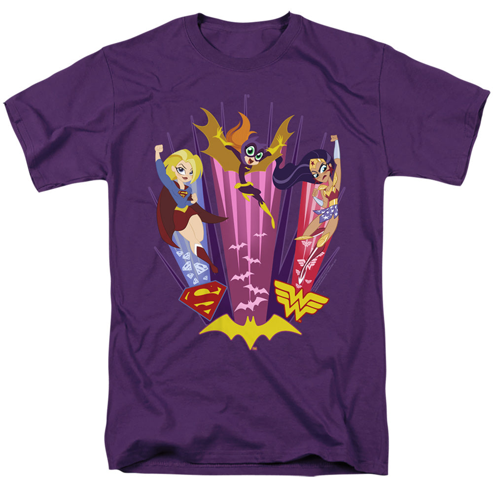 AN OFFCIALLY LICENSED DC SUPERHERO GIRLS SUPER TRIO MEN'S REGULAR FIT T-SHIRT PURPLE