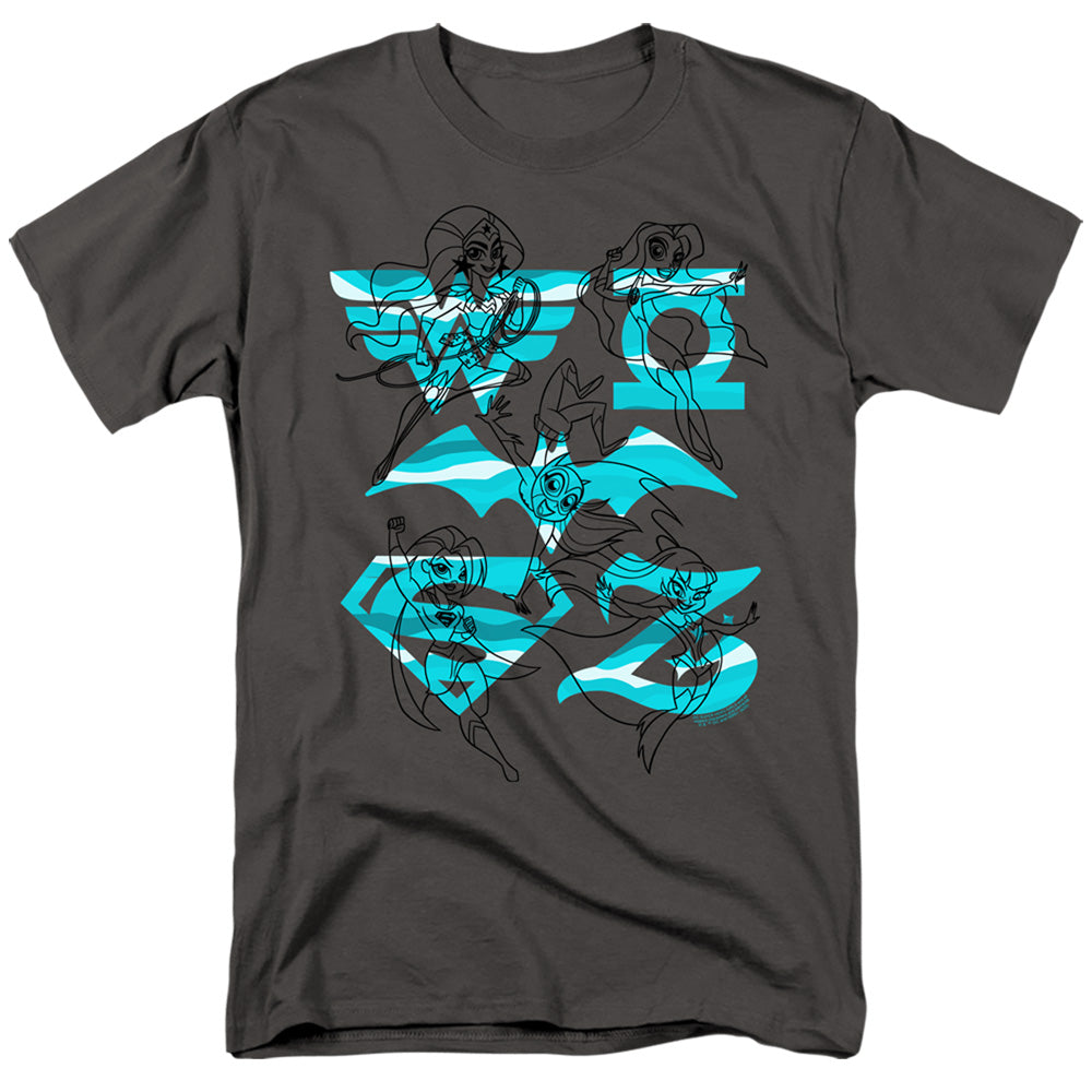 AN OFFCIALLY LICENSED DC SUPERHERO GIRLS LINE ART GROUP MEN'S REGULAR FIT T-SHIRT CHARCOAL