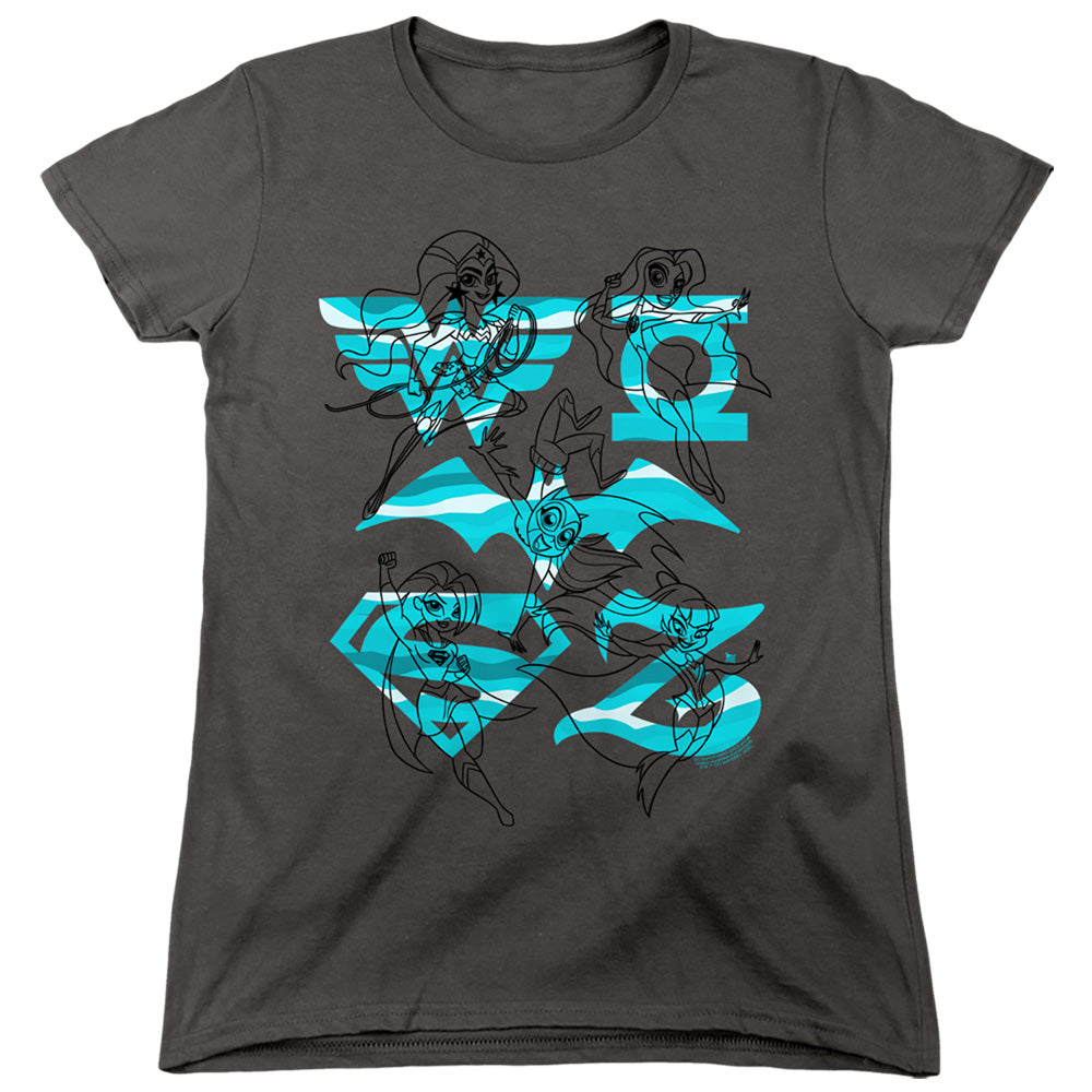 AN OFFCIALLY LICENSED DC SUPERHERO GIRLS LINE ART GROUP WOMEN'S REGULAR FIT T-SHIRT CHARCOAL