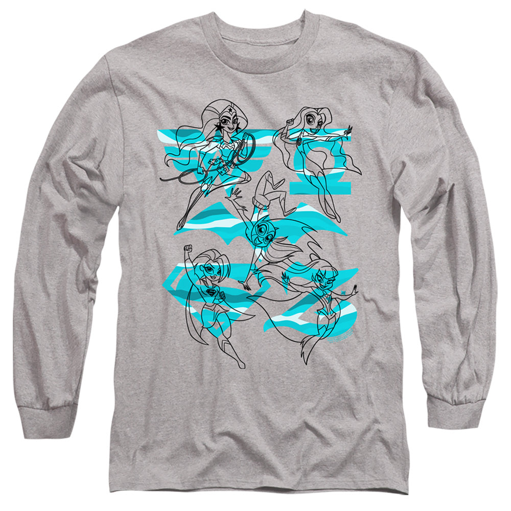 AN OFFCIALLY LICENSED DC SUPERHERO GIRLS LINE ART GROUP MEN'S LONG SLEEVE T-SHIRT ATHLETIC HEATHER