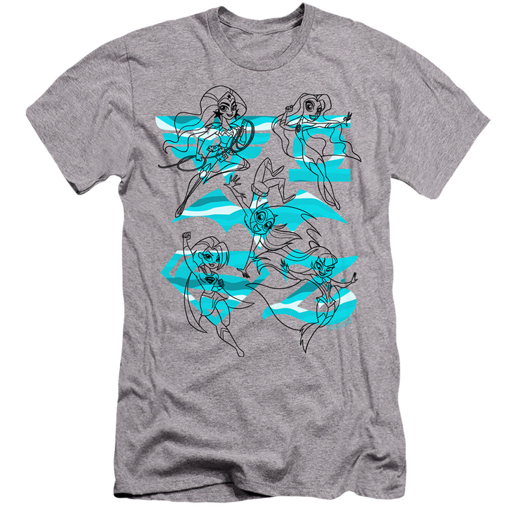 AN OFFCIALLY LICENSED DC SUPERHERO GIRLS LINE ART GROUP MEN'S PREMIUM SLIM FIT T-SHIRT ATHLETIC HEATHER