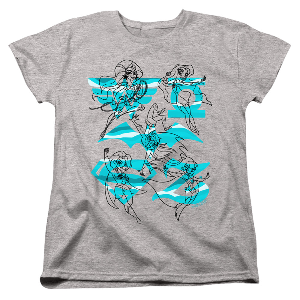 AN OFFCIALLY LICENSED DC SUPERHERO GIRLS LINE ART GROUP WOMEN'S REGULAR FIT T-SHIRT ATHLETIC HEATHER